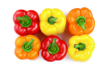 yellow orange and red sweet bell pepper isolated on white background. Top view. Flat lay