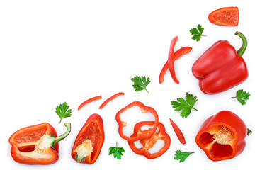 red sweet bell pepper isolated on white background with copy space for your text. Top view. Flat lay