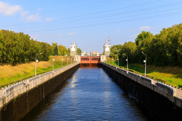 Fototapeta na wymiar The gateway on the Moscow Canal, constructed between 1932 and 1937, a transport artery and a grand structure providing Moscow with water.