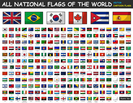 All national flags of the world . Cartoon style .