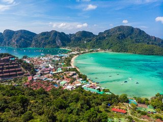 Koh Phi Phi Don - Amazing view of bay in andaman sea from View Point. Paradise coast of tropical island Phi-Phi Don. Krabi Province, Thailand. Travel vacation background.