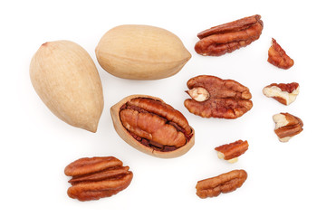 pecan nut isolated on white background. Top view. Flat lay