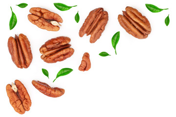 pecan nut isolated on white background with copy space for your text. Top view. Flat lay