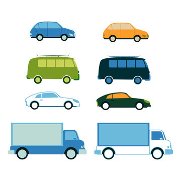 Vector sport car, family van bus, cargo truck set