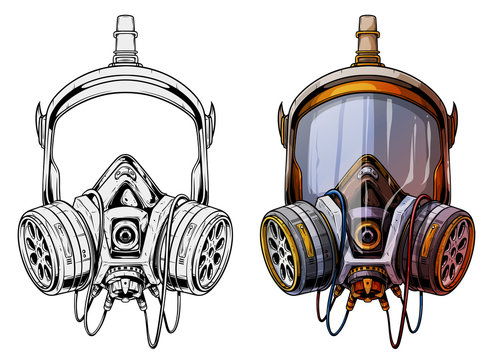 Graphic detailed chemical gas mask respirator with protective glass and filters. Isolated on white background. Vector icons set.