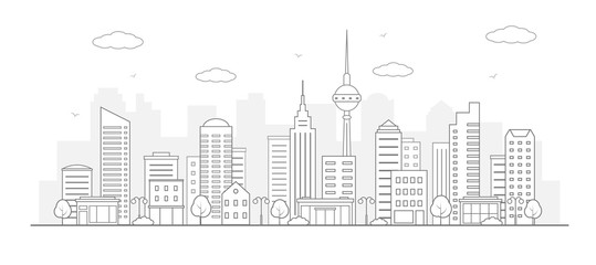 Obraz premium Modern urban landscape. City life illustration with house facades and other urban details. Line art. Vector.