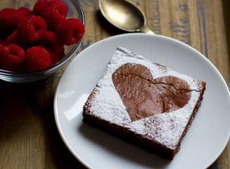 Raspberry Brownie, Valentine's Day, on wooden background