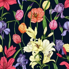 Fresh seamless pattern of tulips, lilies, irises in color. Bright floral texture for textiles, fabrics, packaging design, printing, surface