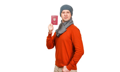 The Caucasian man with the international passport of the Russian Federation in warm clothes