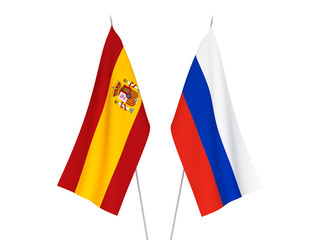 National fabric flags of Russia and Spain isolated on white background. 3d rendering illustration.