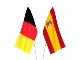 National fabric flags of Belgium and Spain isolated on white background. 3d rendering illustration.