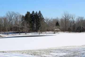 A view of the frozen lake and the snowy landscape in the park. 
