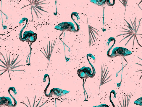 Large flamingo blue hawaiian seamless pattern.