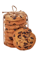 Stack of cookie with chocolate crumbs tied twine isolated on white background.