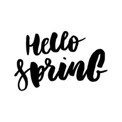 Hello Spring. Hand drawn calligraphy and brush pen lettering. design for holiday greeting card and invitation of seasonal spring holiday. black on white