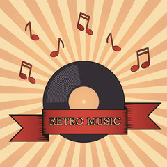 Retro banner - vinyl record, ribbon with text "retro music", musical notes on a yellow and orange sunburst background. Music event banner/poster.