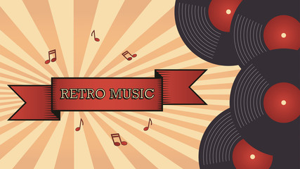 Retro banner - vinyl record, ribbon with text "retro music", musical notes on a yellow and orange sunburst background. Music event flyer/ layout.