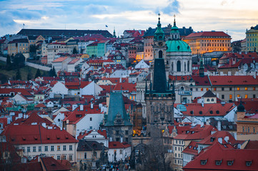 View on the red roofs of Mala Strana in Prague. Sunset