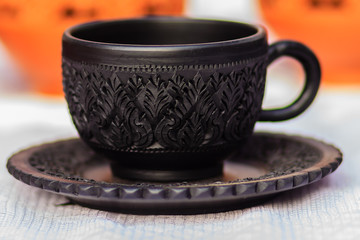 Beautiful Black Vintage Thai's style porcelain teacup, coffee cup hand made. Set of Black coffee...