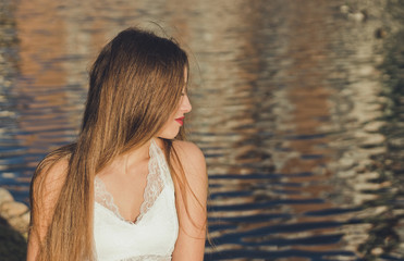 long blond hair woman on the lake instagram style