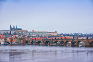 Obraz premium view of the Vltava, Charles Bridge and Mala Strana in Prague.