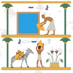 Ancient egypt background. Man taking water from a well. Water carrier and donkey with water jug compostion. Historical background. Ancient people