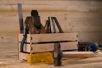 tools for working with wood. Carpenter. woodwork tools in wooden box