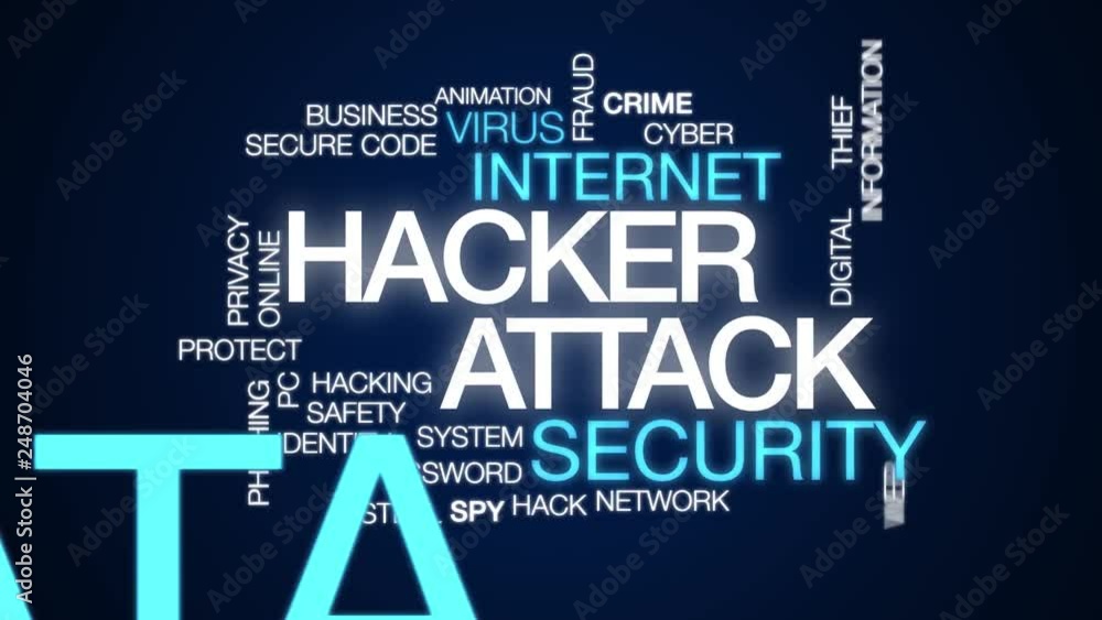 Poster hacker attack animated word cloud. kinetic typography.
