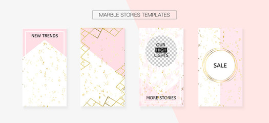 Stories Template Cool SMM Vector Layout. Social Media Blogger Cards Set. Textured Apps Design Pack. Minimal App Kit, Pink White Gold Rich VIP Geometric Marble Patterns. Stories Template VIP Layout.