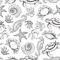 Ocean sea watercolor and graphic handpainted patterns with hand drawn corals and underwater animals. Black and white doodle monochrome natural elements, living coral elements 