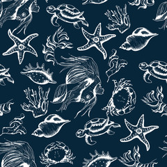 Ocean sea watercolor and graphic handpainted patterns with hand drawn corals and underwater animals. Black and white doodle monochrome natural elements, living coral elements 
