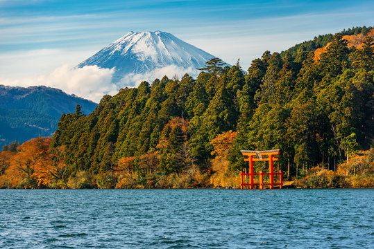 beautiful autumn scene of mountain Fuji, Lake Ashinoko and red Torii gate, Hakone, Japan