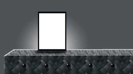 Mock up poster door frame or framed above wooden table on the wall. © mirzamlk