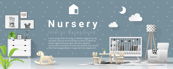 Interior background with modern baby bedroom , vector , illustration