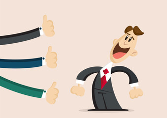 Vector illustration of a successful businessman many hands thumbs up 