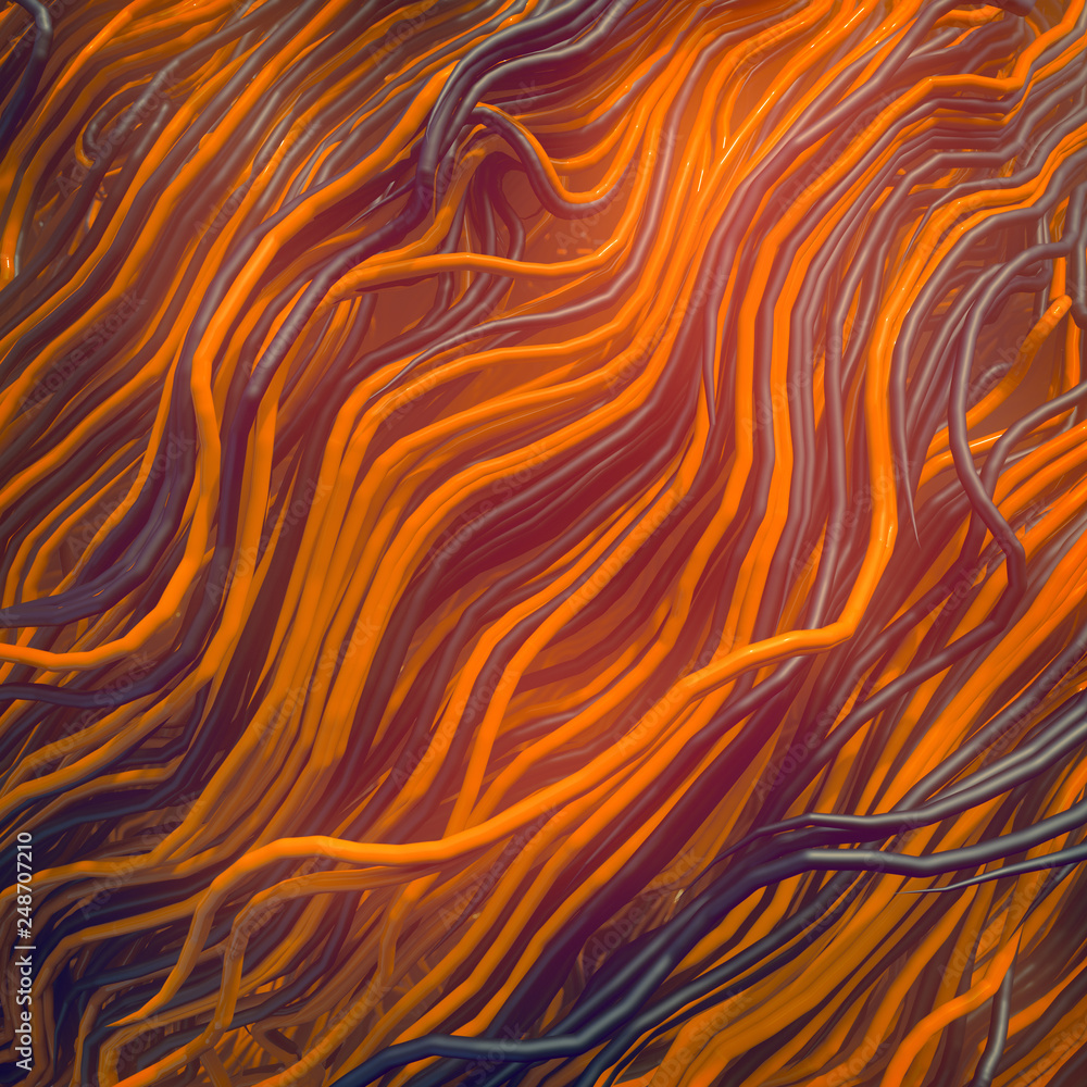 Poster Curled wire futuristic pattern surrounded by mist. Abstract colored lines flow, psychedelic background. 3D rendering