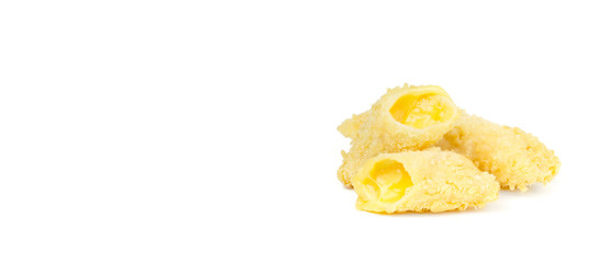 Three cheese sticks deep-fried, one broken and visible appetizing filling. Isolated on white background.