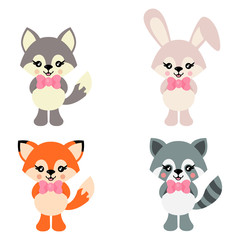 cartoon cute bunny and wolf and fox and raccoon