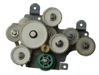 Mechanism with gears, electric motor and propeller on white background