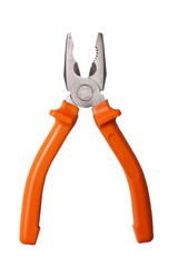 Open metal pilers tool with orange handle isolated on white in studio.
