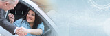 Customer and car salesman shaking hands. panoramic banner