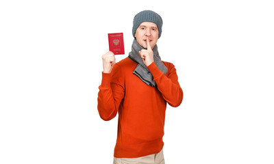 The Caucasian man with the international passport of the Russian Federation in warm clothes