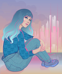  vector of a girl on the background of futuristic high skyscrapers and a sunny sky - 248710248