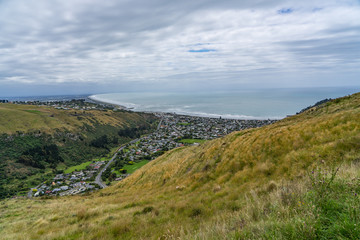 Naklejka premium great view from the hills at Taylors mistake walkway, Taylors mistake track nature, New Zealand's beautiful nature, nature landscape, New Zealand landscape.