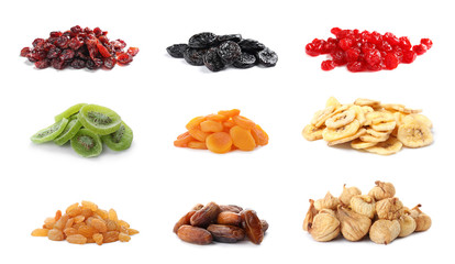 Set of different delicious dried fruits on white background