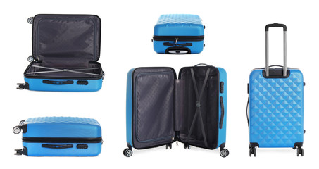 Set of stylish blue suitcase for travelling on white background