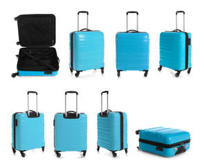 Set of stylish blue suitcase for travelling on white background
