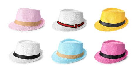 Set of different summer hats on white background. Beach accessories