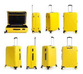 Set of stylish yellow suitcase for travelling on white background