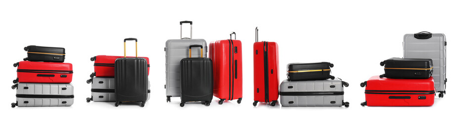 Set of different suitcases for travelling on white background